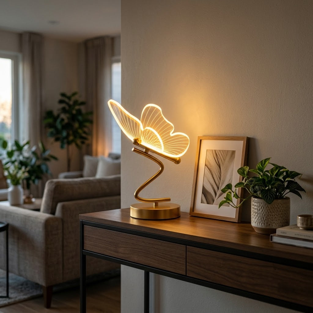 Nivesia butterfly LED decorative table lamp glowing on bedside table