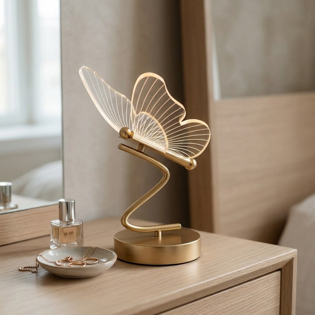 Nivesia butterfly LED decorative table lamp glowing on bedside table