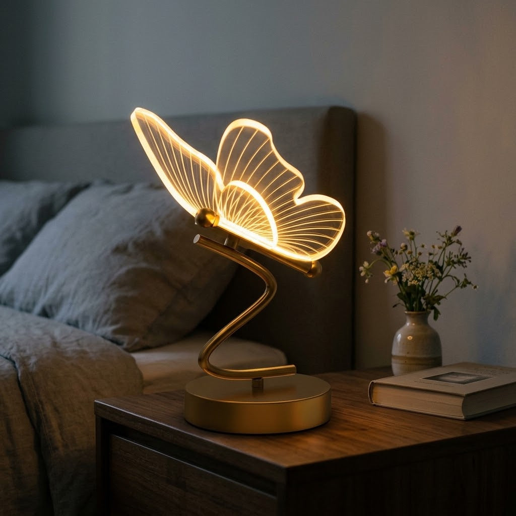 Nivesia butterfly LED decorative table lamp glowing on bedside table