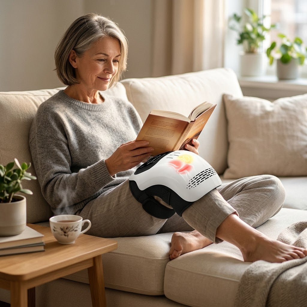 Nivesia heated knee massager wrap in white and Brown