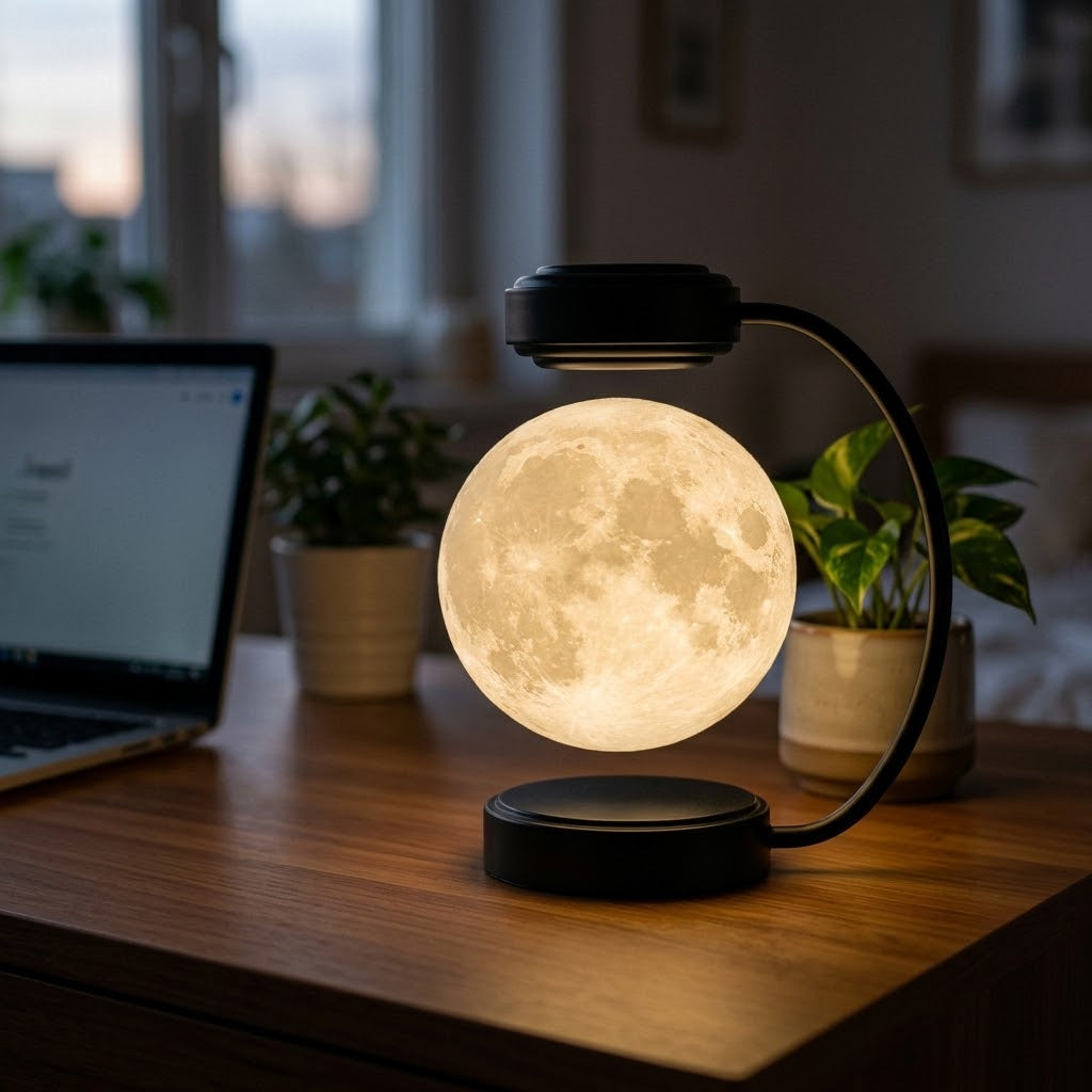 Nivesia levitating moon lamp floating above a gold base
