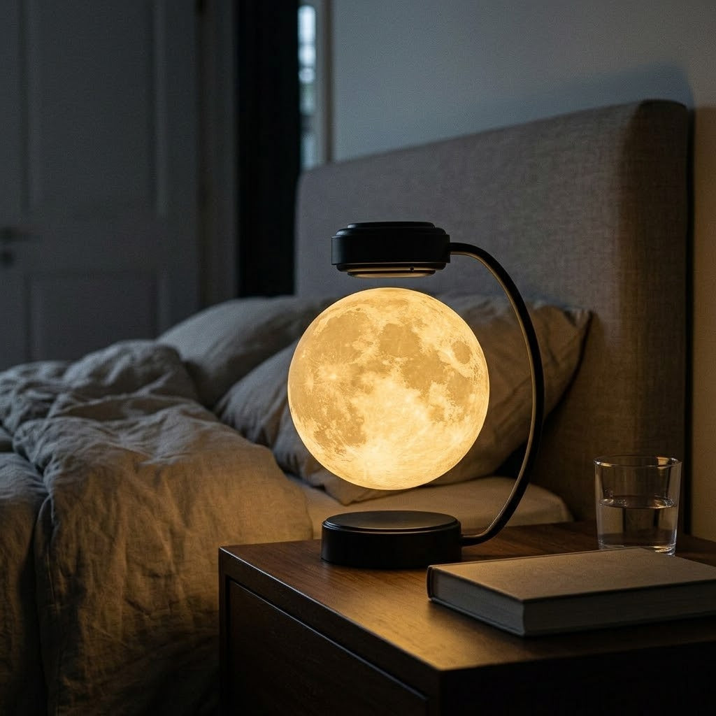 Nivesia levitating moon lamp floating above a gold base