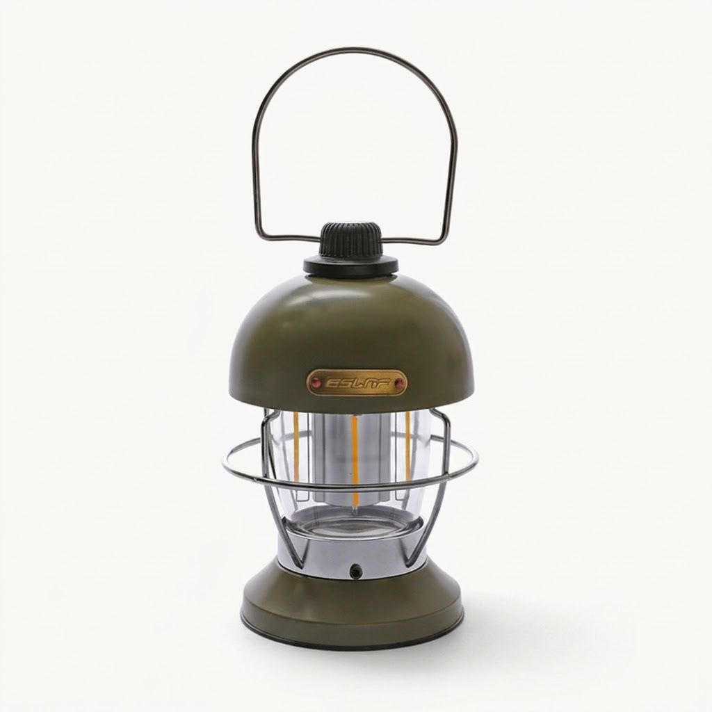Nivesia rechargeable LED camping lantern glowing at a campsite