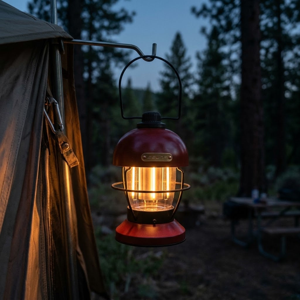Nivesia rechargeable LED camping lantern glowing at a campsite