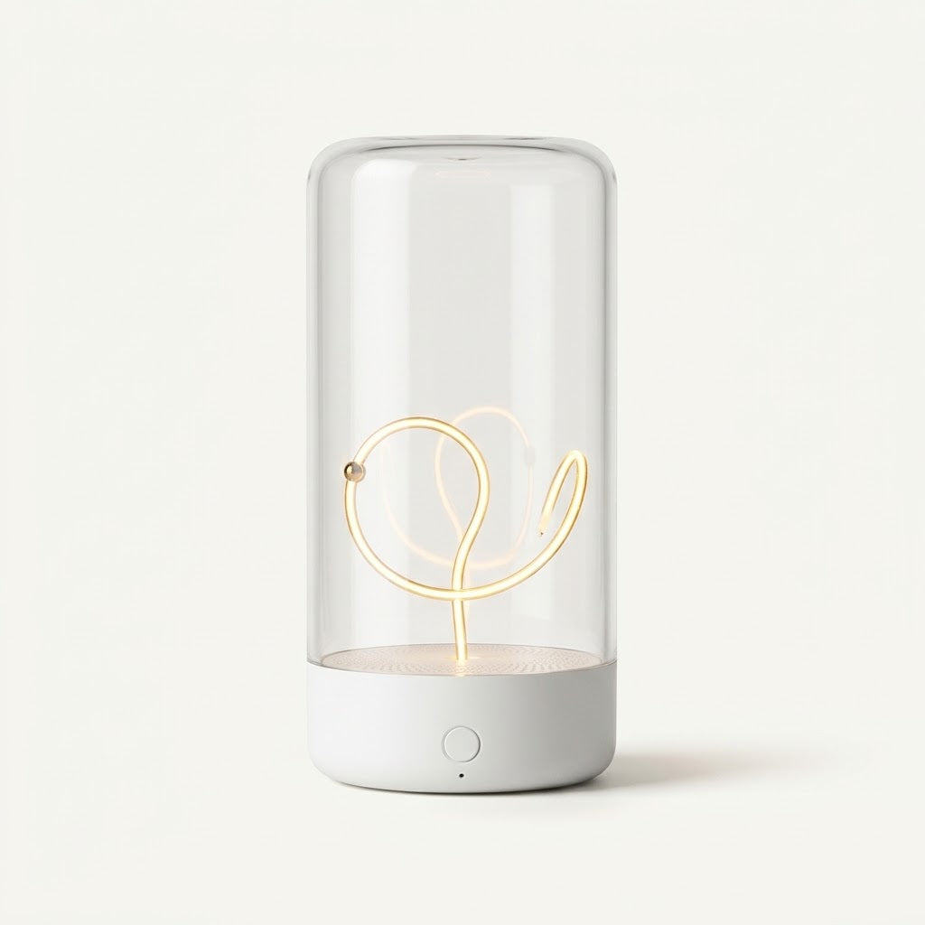 Nivesia rechargeable LED filament night light glowing warmly on a bedside table