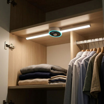 Nivesia rechargeable motion sensor cabinet light mounted inside a wardrobe